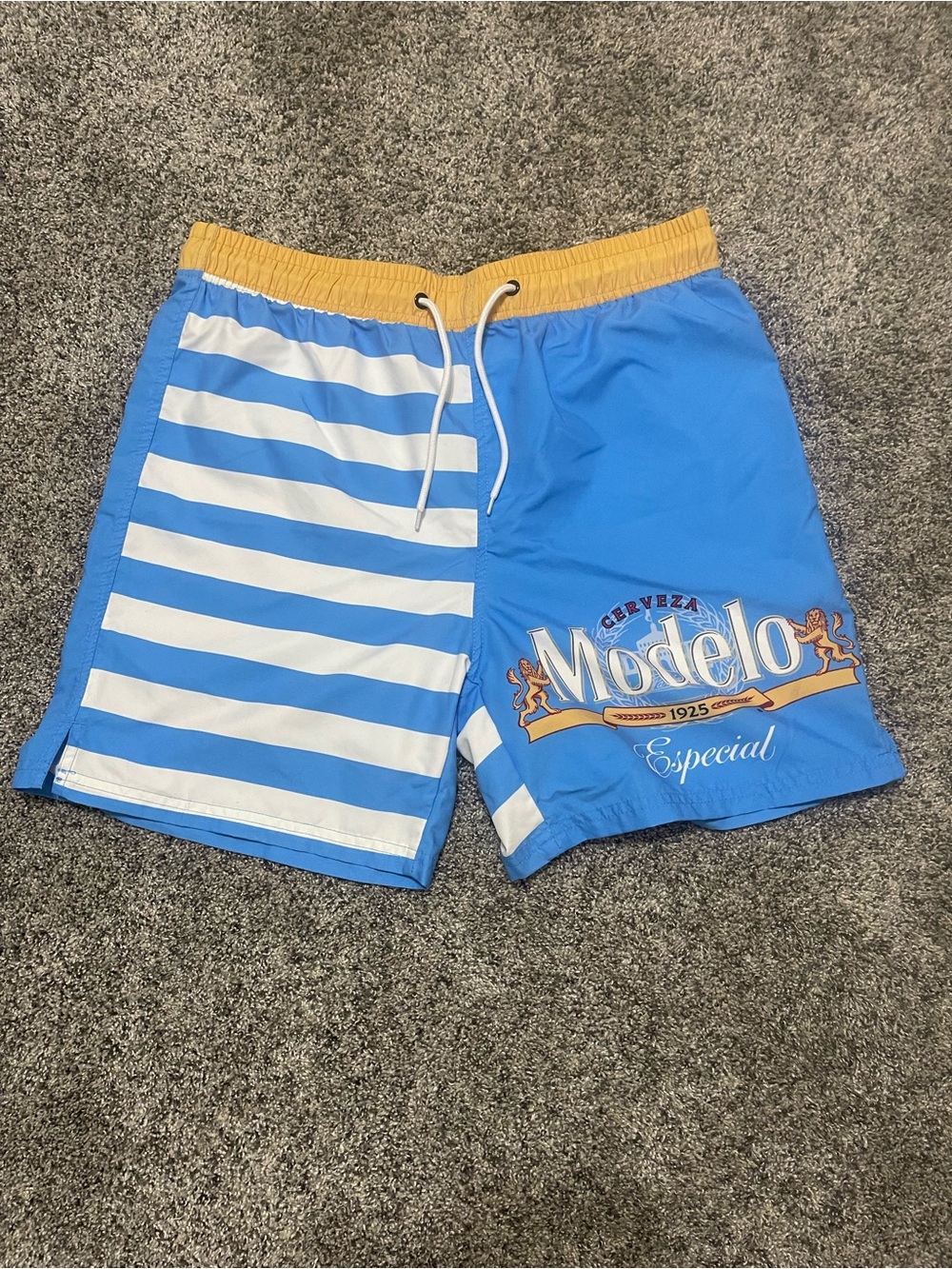 ModelCo Blue White Yellow Striped Athletic Swim Shorts